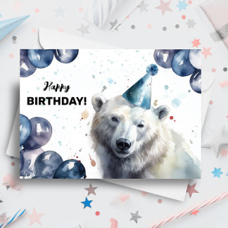 Polar Bear med Buboner och Party Hat Birthday Kort