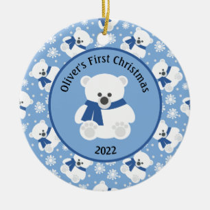 Polar Bear med marinblå scarf och Snöflingor Julgransprydnad Keramik