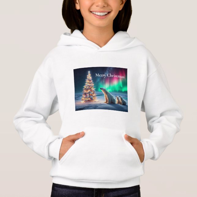 Polar Bear Mom Cubs Christmas Tree Northern Lights T Shirt (Framsida)