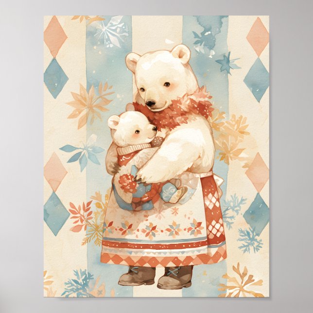 Polar Bear Mother and Cub Winter Attire Nursery Poster (Framsidan)