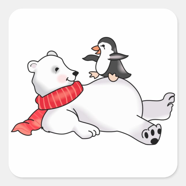 Polar Bear och Penguin Fyrkantigt Klistermärke (Framsida)