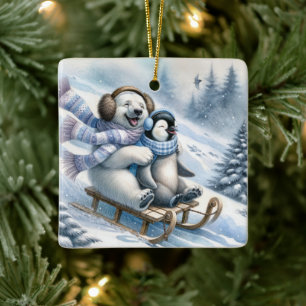 Polar Bear och Penguin på en skiva Julgransprydnad Keramik