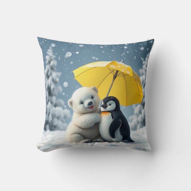 Polar Bear och Penguin Pillow Cushion Kudde (Framsida)