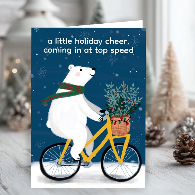 Polar Bear on Bike Funny Cute Jul Anpassningsbar Helgkort (Polar Bear on Bike Funny Cute Christmas Custom Holiday Card - personalize the text on inside
)