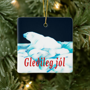 Polar Bear on Ice - Gleðileg Jól Julgransprydnad Keramik