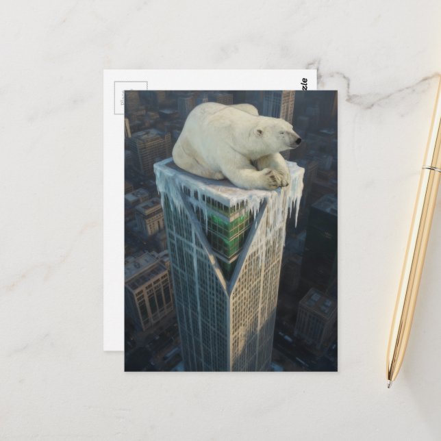 Polar Bear on Skyscraper melting ice surreal  Vykort (Fram/Back In Situ)