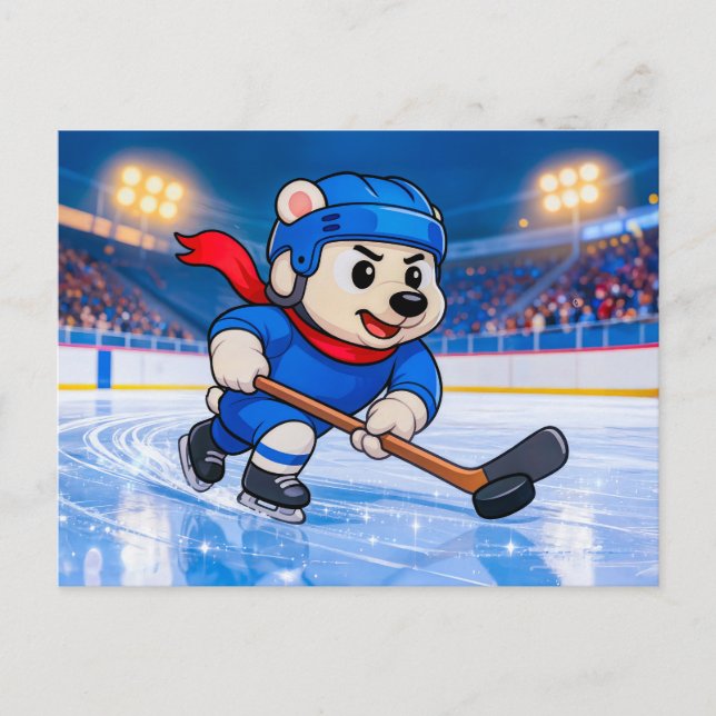 Polar Bear Playing Ice Hockey on a Frozen Rink Vykort (Framsida)