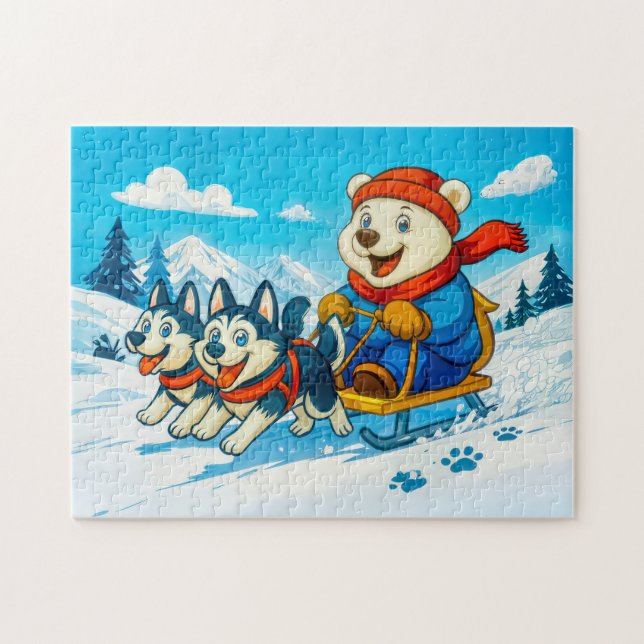 Polar Bear Racing a Husky Dog Sled Team Pussel (Horisontell)