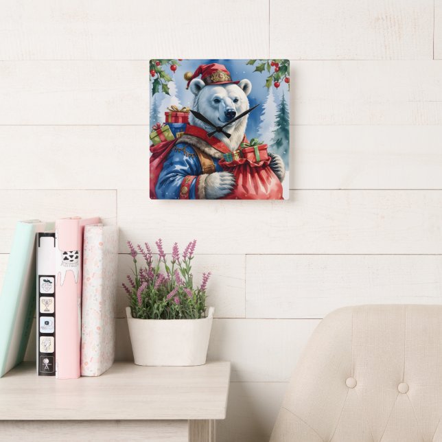 Polar Bear Santa Christmas Design Fyrkantig Klocka (Läsesal)