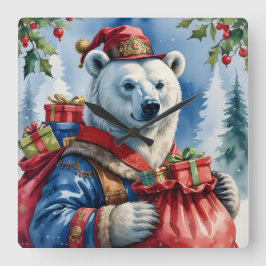Polar Bear Santa Christmas Design Fyrkantig Klocka
