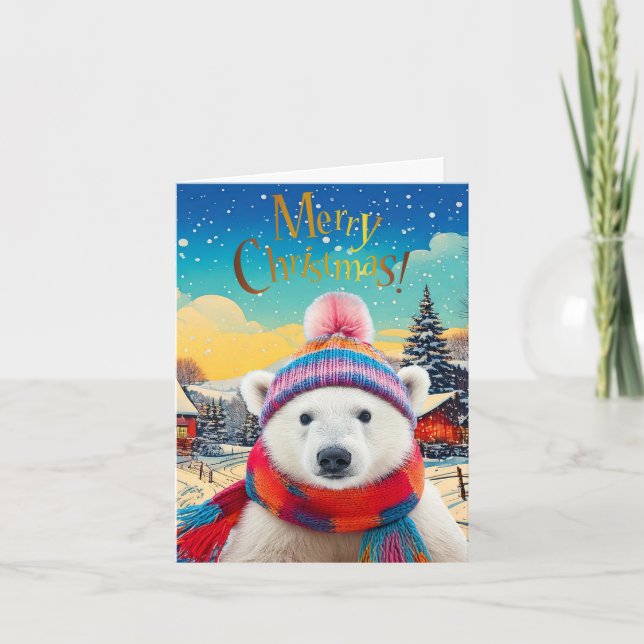 Polar Bear Santa hat och scarf God jul Helgkort (Framsida)