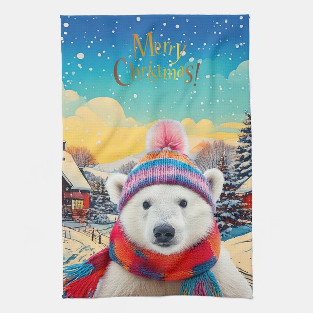 Polar Bear Santa hat och scarf God jul Kökshandduk (Vertikal)