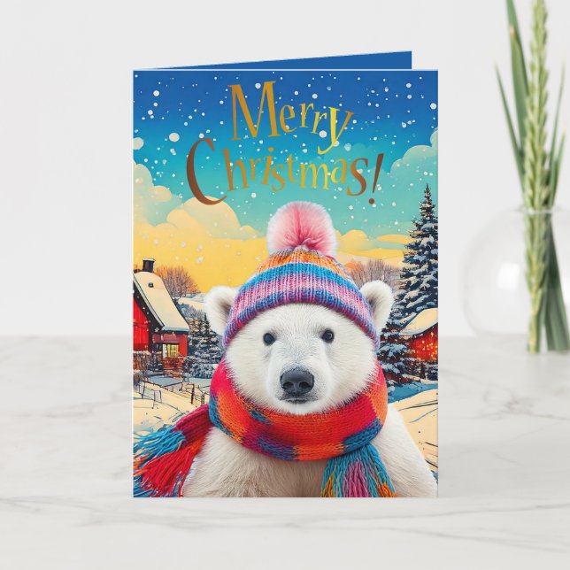 Polar Bear Santa hat och scarf God jul Kort (Framsida)