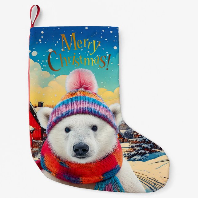 Polar Bear Santa hat och scarf God jul Liten Julstrumpa (Framsidan)