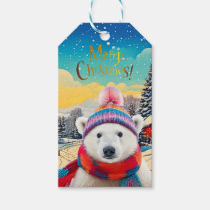 Polar Bear Santa hat och scarf God jul Presentetikett
