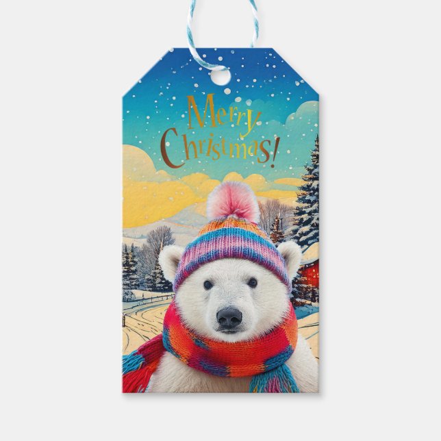 Polar Bear Santa hat och scarf God jul Presentetikett (Framsidan)