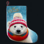 Polar Bear Santa hat och Scarf Liten Julstrumpa<br><div class="desc">En Polar Bear med en julhatt och scarf med fallande snö. God jul hälsning.</div>