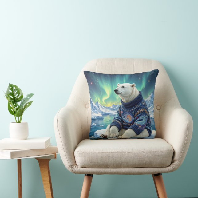 Polar Bear Sitting Under Northern Lights Kudde (Stol)