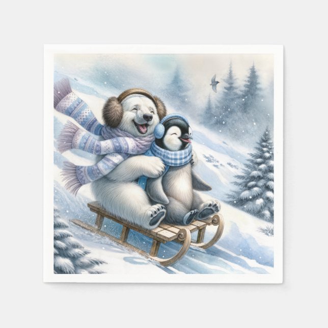 Polar Bear Sleding med penguin Pappersservett (Framsidan)