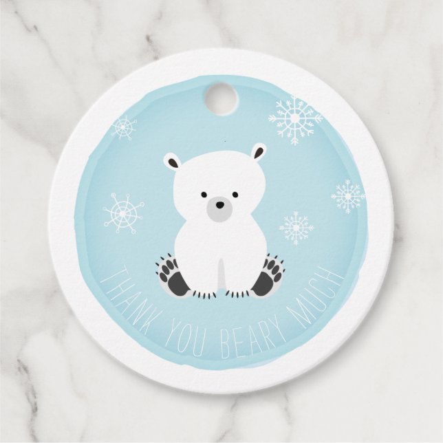 Polar Bear Snöflingor Blue Baby Shower Gåvor Etiketter (Framsida)