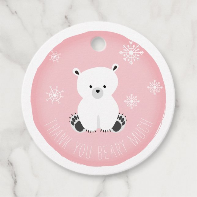 Polar Bear Snöflingor Rosa Baby Shower Gåvor Etiketter (Framsida)