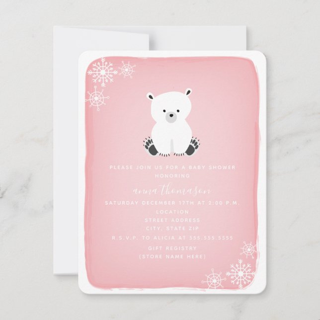 Polar Bear Snowflake Girl Baby Shower - Rosa Inbjudningar (Framsida)