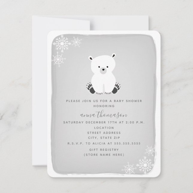 Polar Bear Snowflake Neutralt Baby Shower - Grått Inbjudningar (Framsida)