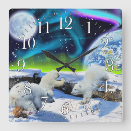 Polar Bear Unge & Aurora Earth Day Clock Fyrkantig Klocka