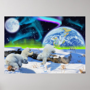 Polar Bear Unge & Aurora Earth Day Fantasy Poster