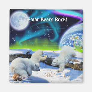Polar Bear Unge & Aurora Wildlife Art Magnet