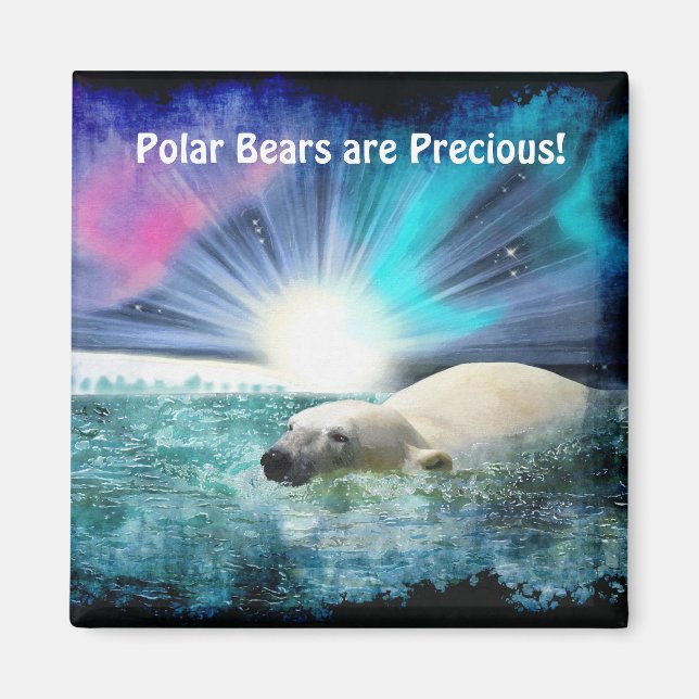 Polar Bear Unge & Aurora Wildlife Art Magnet (Framsidan)