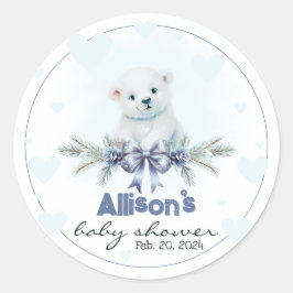 Polar Bear Unge Boy Blue Hearts Vinter Baby Shower Runt Klistermärke