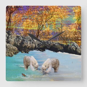 Polar Bear Unge Fishing Fyrkantig Klocka