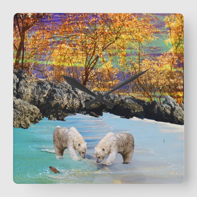 Polar Bear Unge Fishing Fyrkantig Klocka (Framsida)