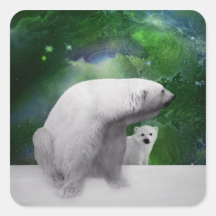 Polar Bear, unge och auroran i norra Ljus Fyrkantigt Klistermärke