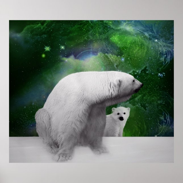 Polar Bear, unge och auroran i norra Ljus Poster (Framsidan)