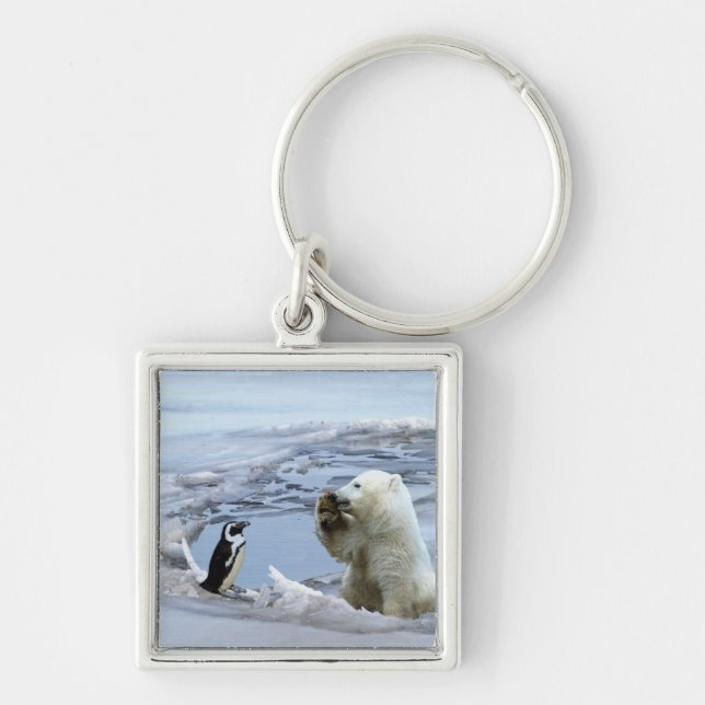 Polar Bear Unge och Penguin Best Friends Keychain Fyrkantig Silverfärgad Nyckelring (Framsidan)
