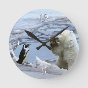 Polar Bear Unge och Penguin Best Friends Wall Cloc Rund Klocka