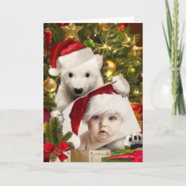 Polar Bear Unge som håller ditt foto till jul Helgkort