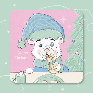 Polar Bear Unge Square Rosa julklapp Fyrkantigt Klistermärke