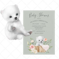 Polar Bear Watercolor Sage Grönt Baby Shower Invit