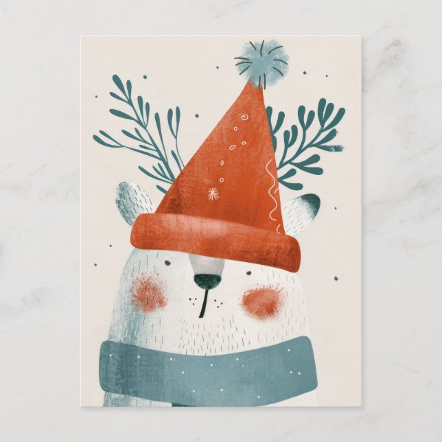 Polar Bear Wearing Santa Hat Minimalist jul Vykort (Framsida)