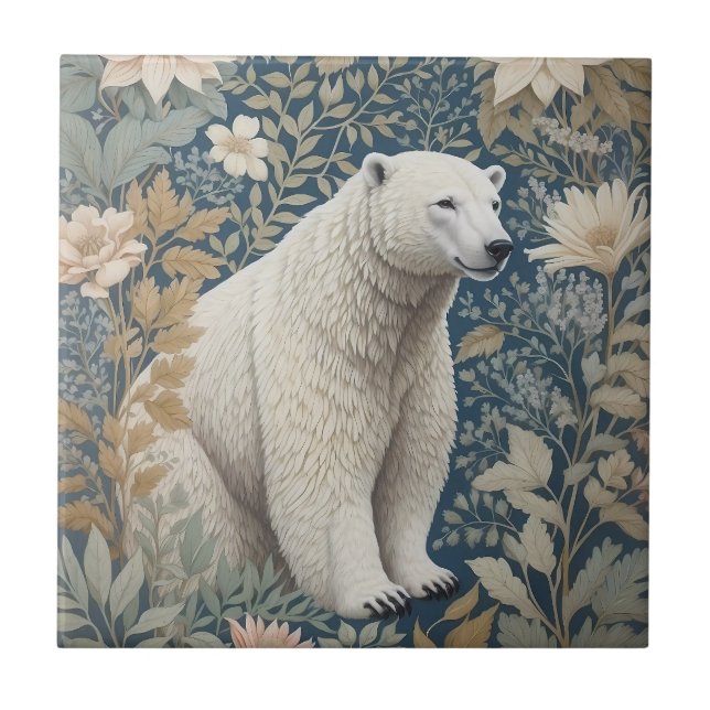 Polar Bear William Morris Inspired Blommigt Kakelplatta (Framsidan)