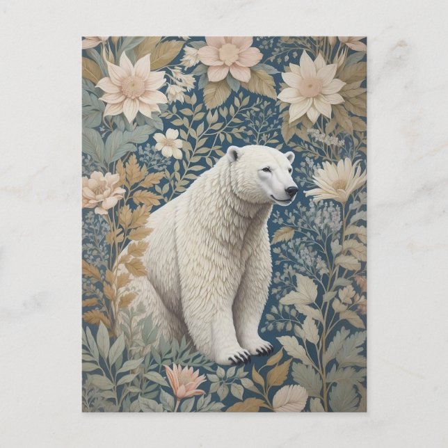 Polar Bear William Morris Inspired Blommigt Vykort (Framsida)