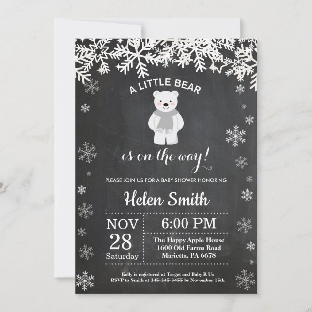Polar Bear Winter Baby Shower Chalkboard Inbjudningar (Framsida)