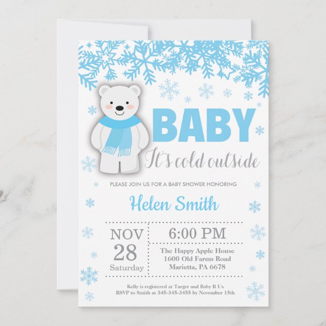 Polar Bear Winter Blue Boy Shower Snowflake Inbjudningar (Framsida)