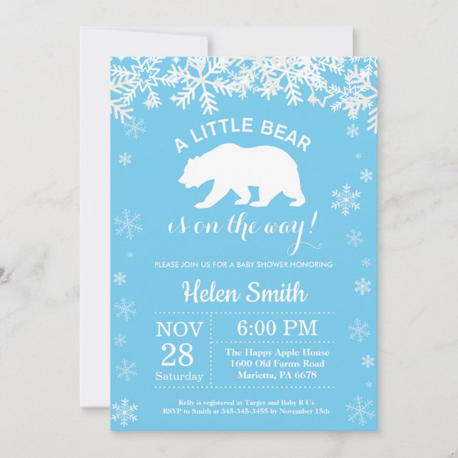 Polar Bear Winter Blue Boy Shower Snowflake Inbjudningar (Framsida)