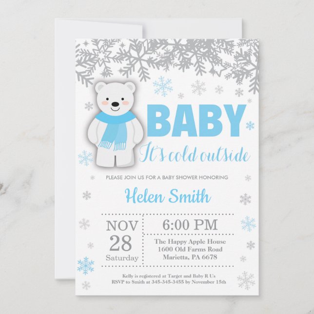 Polar Bear Winter Blue Boy Shower Snowflake Inbjudningar (Framsida)