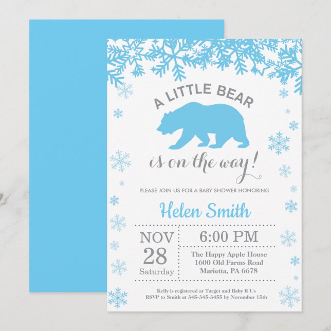 Polar Bear Winter Blue Boy Shower Snowflake Inbjudningar (Fram/baksida)