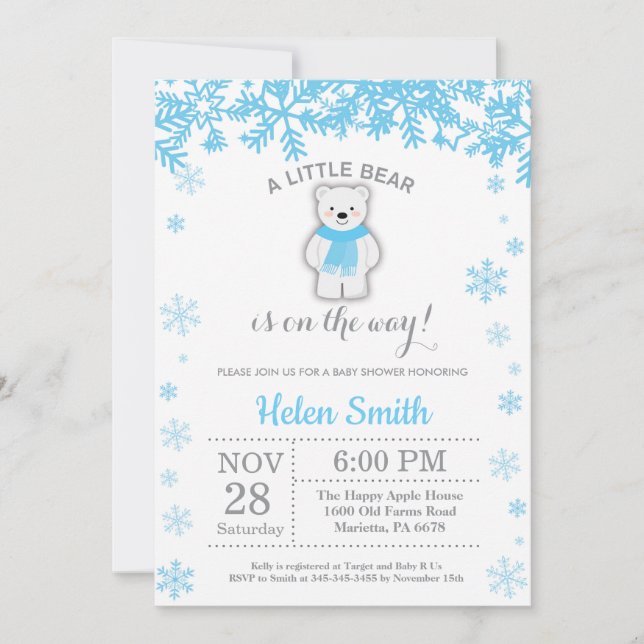 Polar Bear Winter Blue Boy Shower Snowflake Inbjudningar (Framsida)